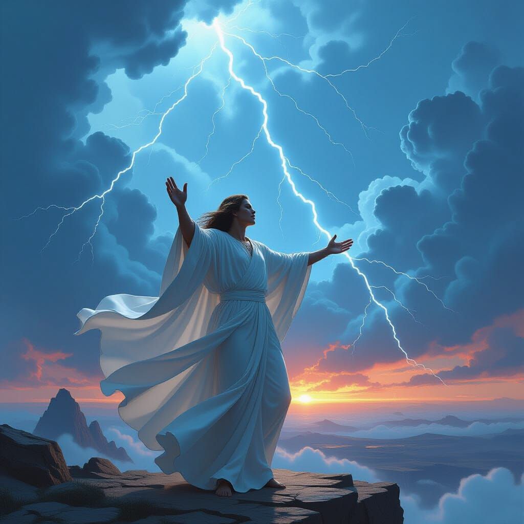 God of Lightning in Dark Fantasy Landscape