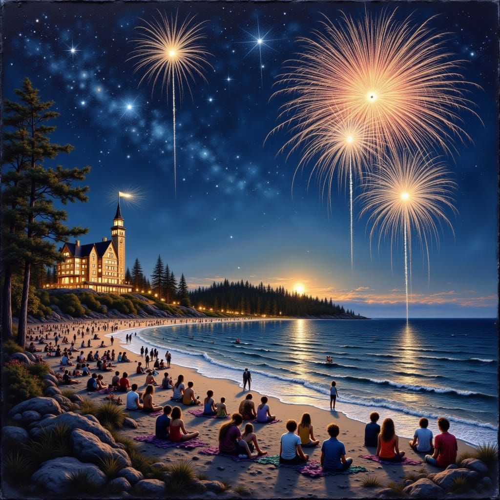 Mackinac Island Beach at Night with Fireworks