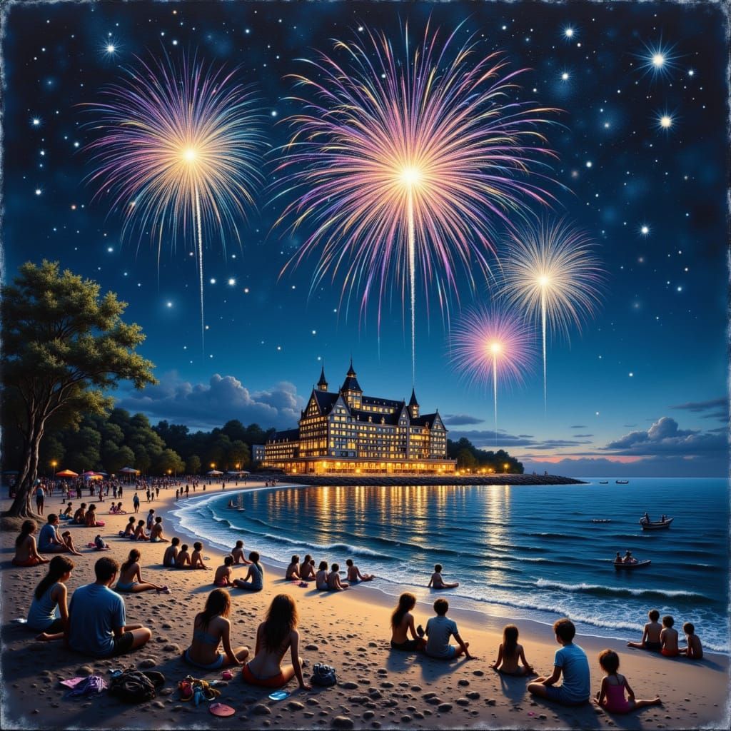 Mackinac Island Beach at Night with Fireworks
