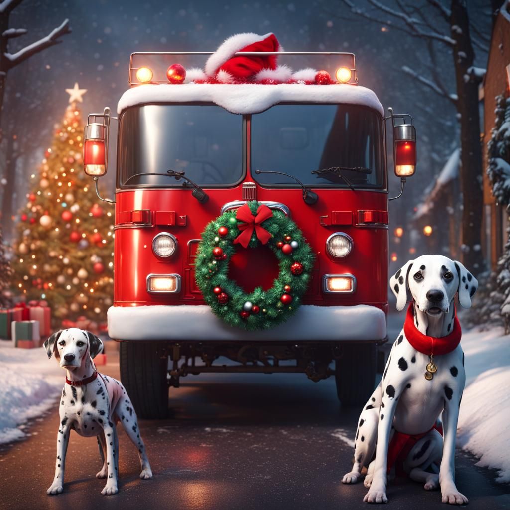 Festive Firetruck with Dalmatian in Detailed Digital Art