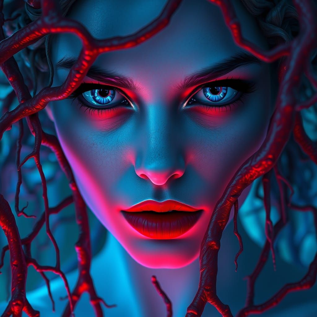 Futuristic Goddess with Glowing Blue Skin and Twisted Roots