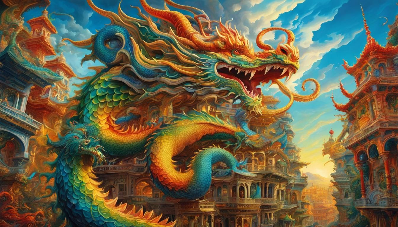 Surreal Dragon Coiled Around Mutated Buildings
