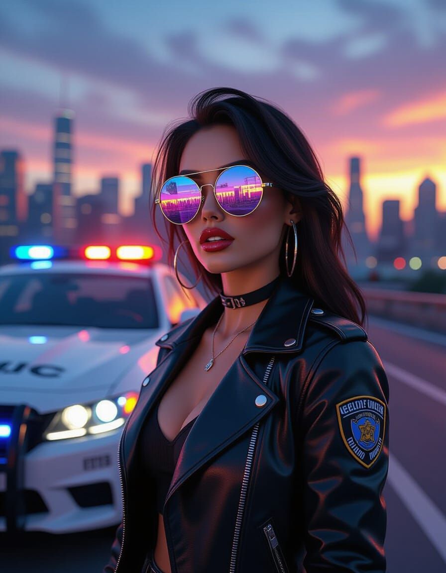 Cyberpunk Cybercop in Neon City Sunset