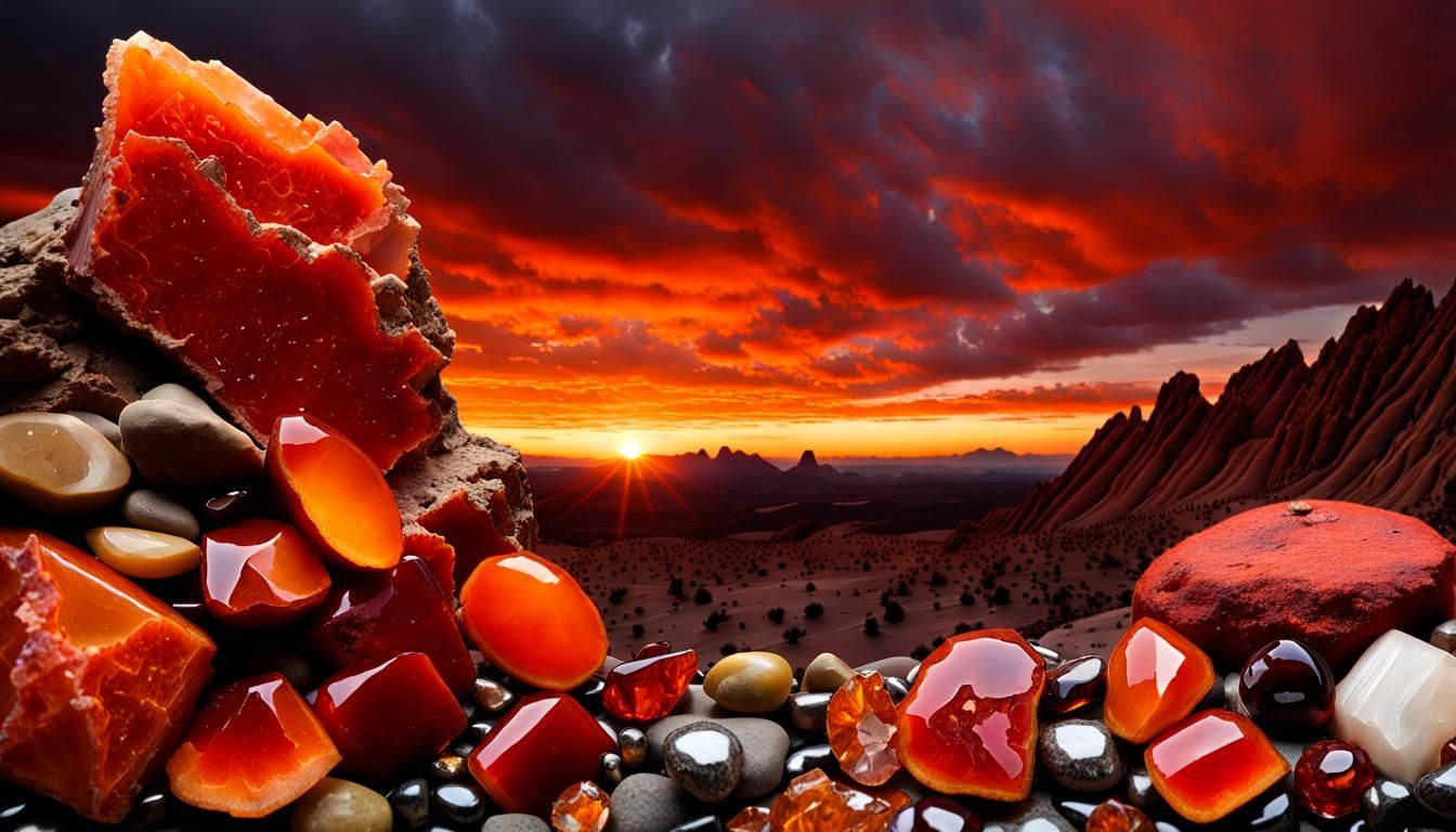 mirrorless:: chiaroscuro::highly detailed:: blood orange sunrise over desert:: ores, rocks and gems, Chalcopyrite, sele...