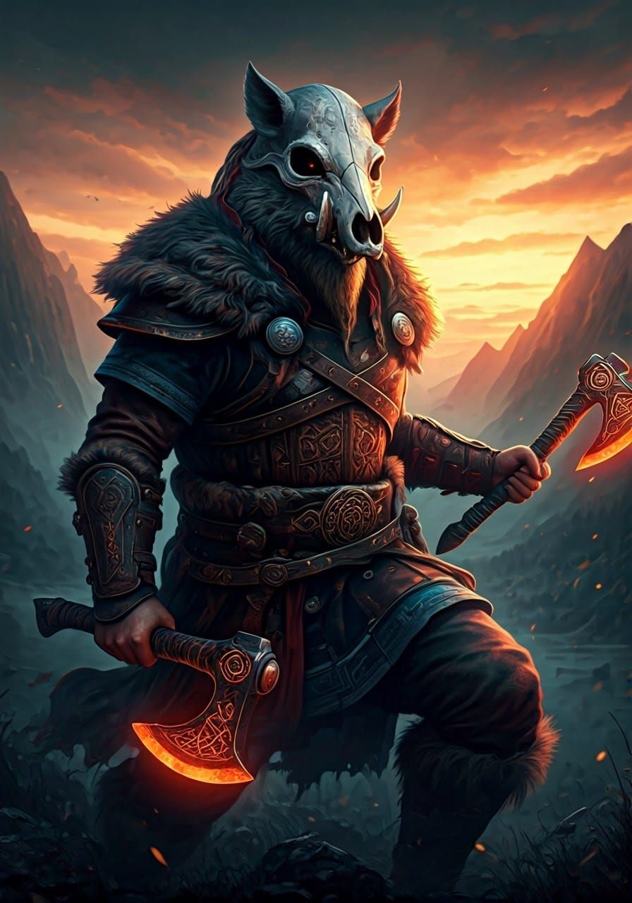 Viking Berserker with Glowing Runes in Nordic Landscape