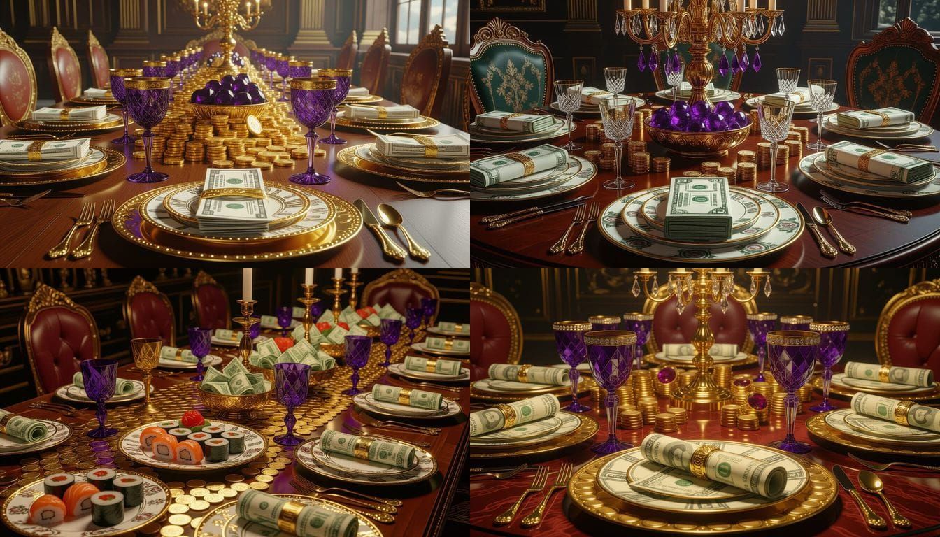 Surreal Banquet: Food Made of Dollar Bills & Gemstone Goblet...