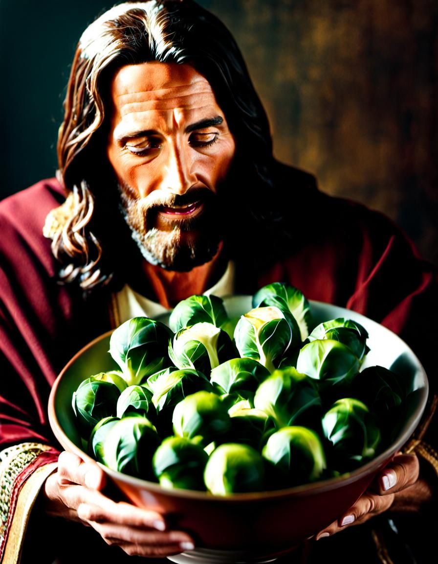 Smiling Jesus Empties Bowl of Brussels Sprouts