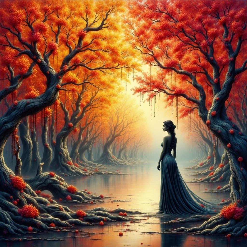 Fantasy Oil Painting of Woman Silhouette Amidst Fall Willow ...