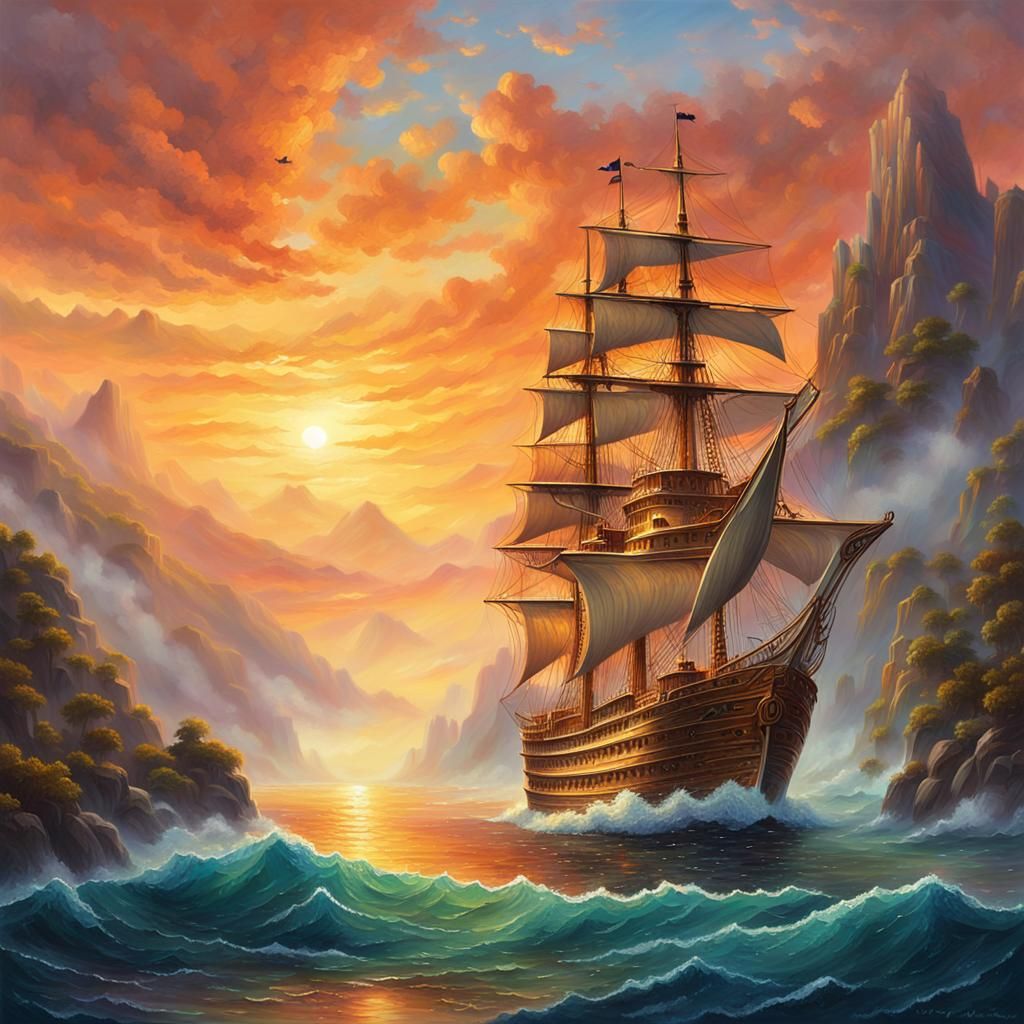 Majestic Ship Sails Misty Ocean Mountains at Sunset