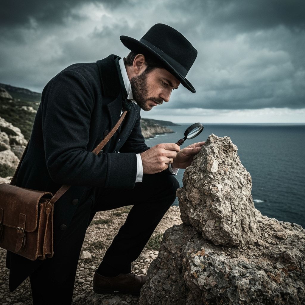 Italian Geologist Examines Rock on Windswept Cliff
