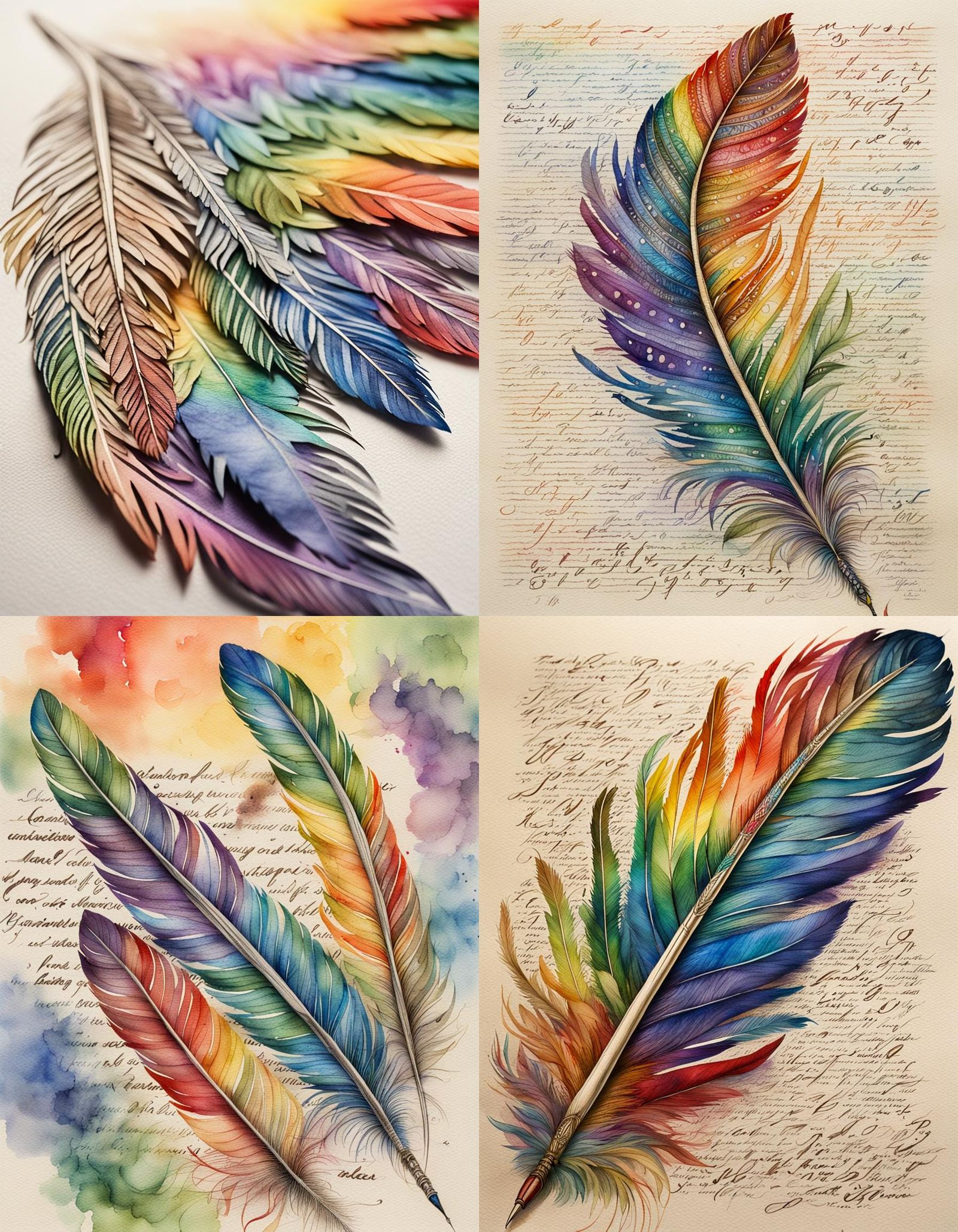 Rainbow Quill Pen Writes Love on Watercolour Paper