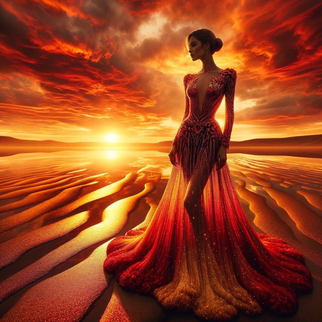 Surreal Sunset Goddess in Vibrant Red and Yellow Dress