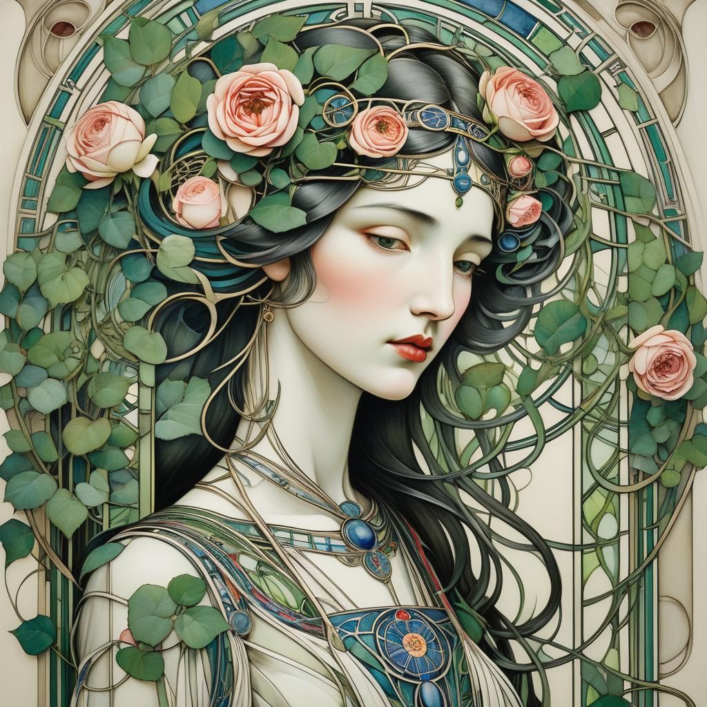 Goddess in Art Nouveau Style, with Floral Garlands and Stain...