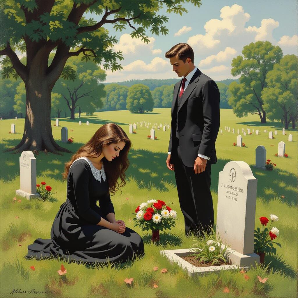 Couple's Grief at Gravesite in Realistic Style