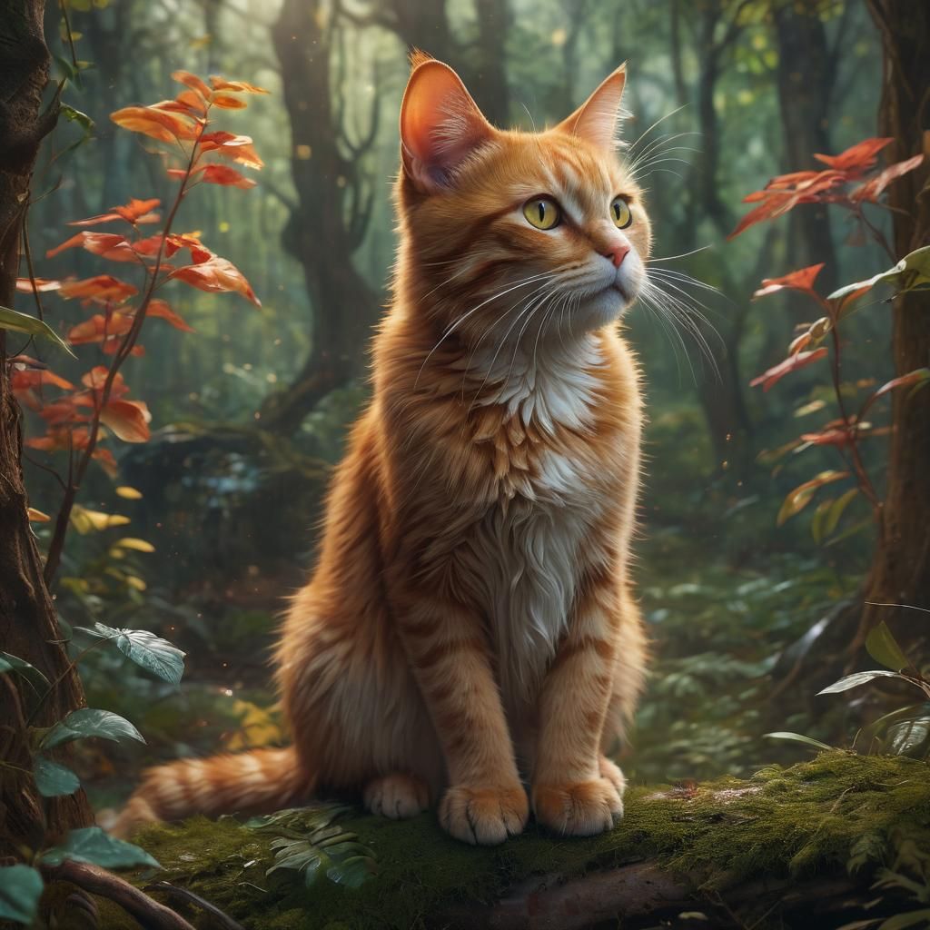 Ginger Cat in Mystical Forest: Oil Painting