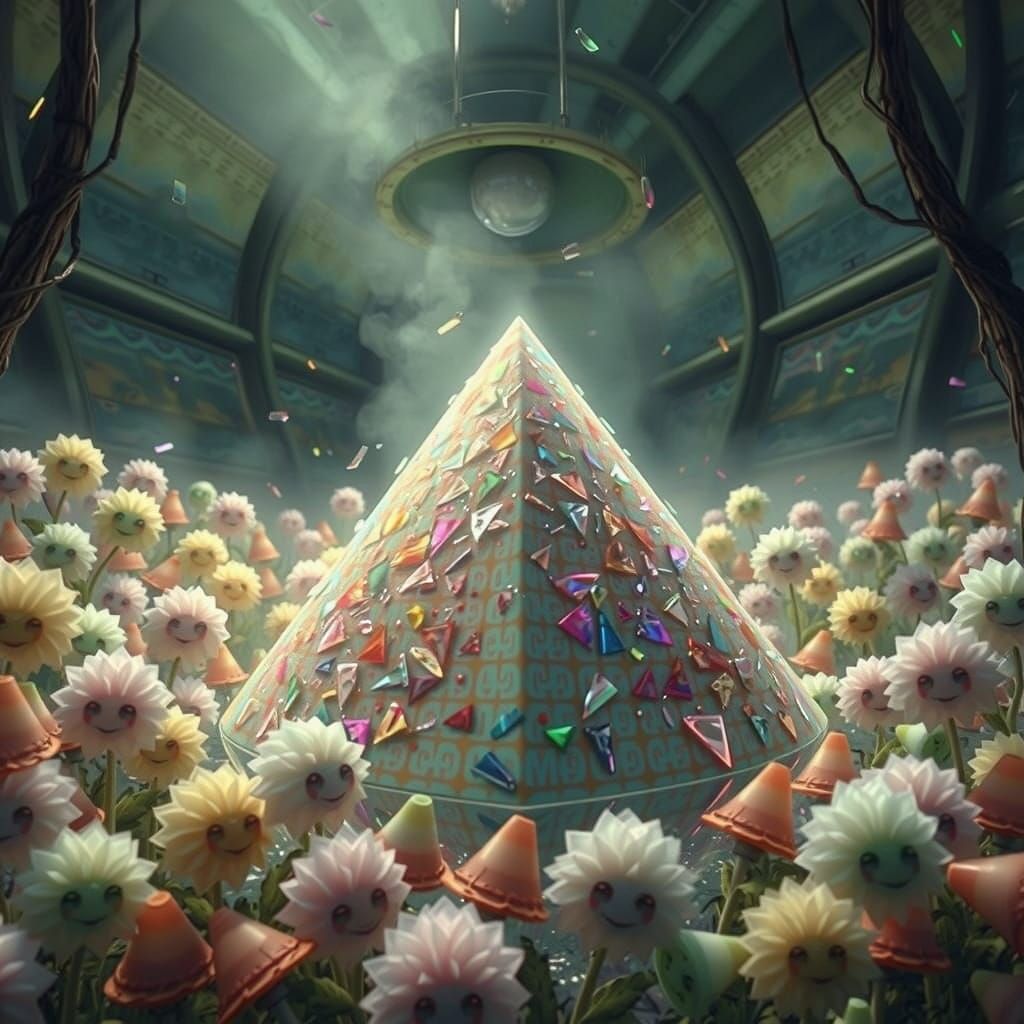 Plastic Flowers With Faces in Ethereal Landscape