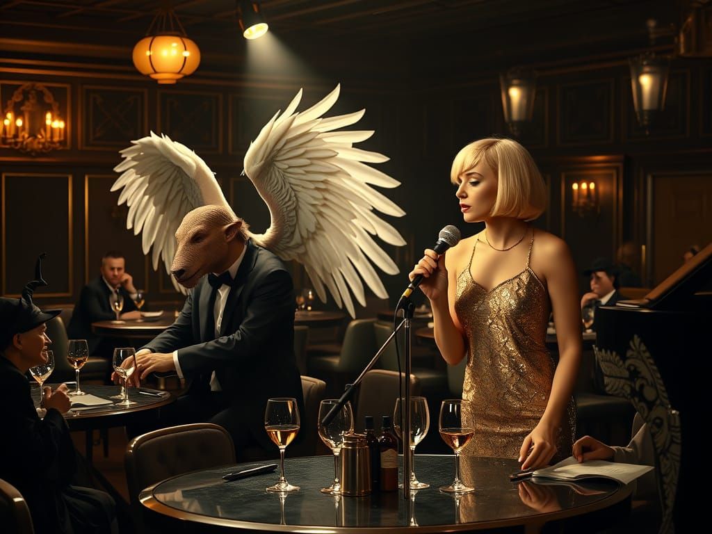 Art Deco Saloon Scene with Winged Singer