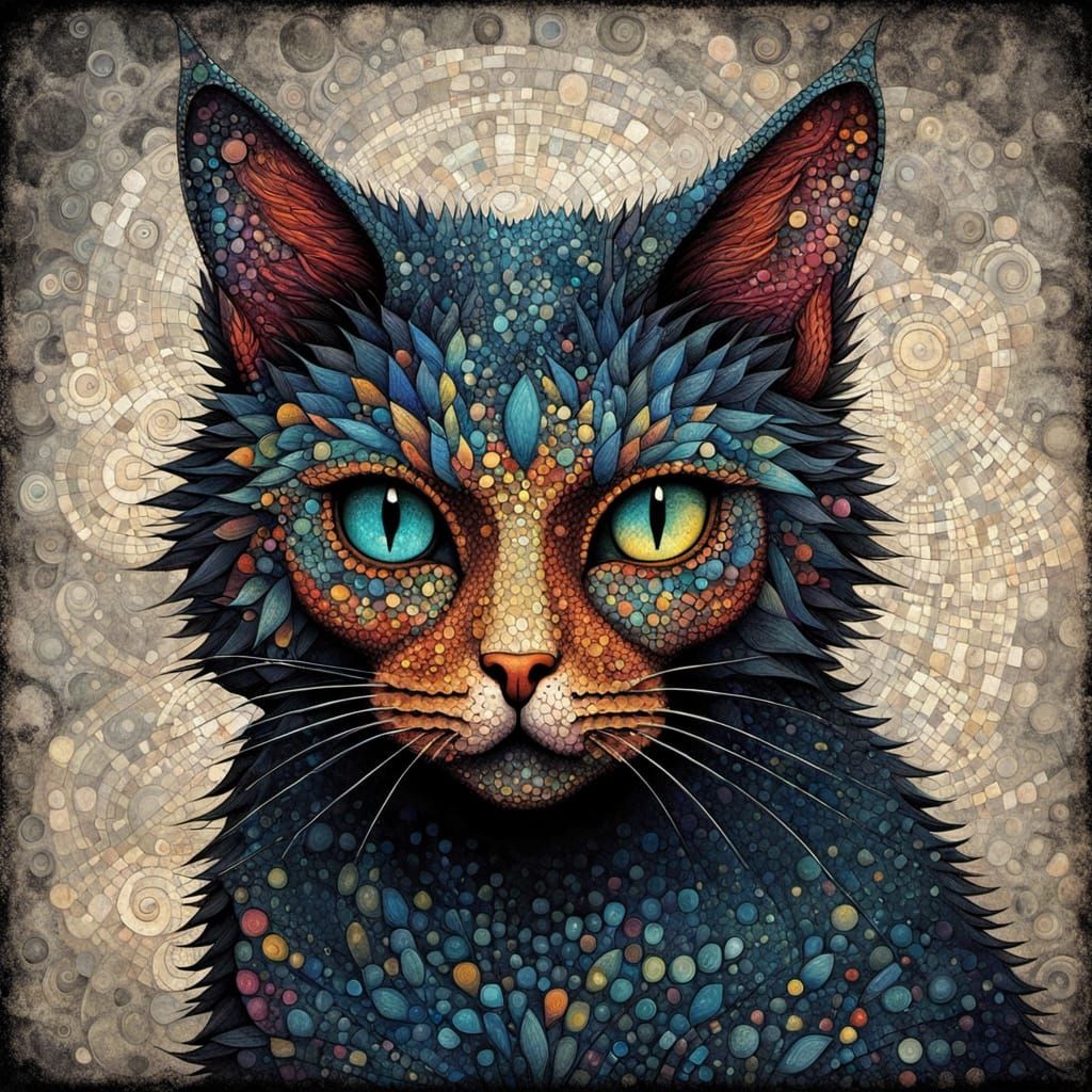 Abstract Geometric Cat in Contemporary Pointillist Style