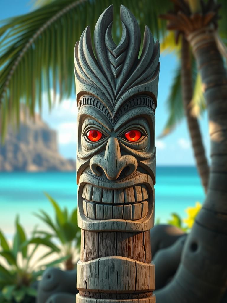 Detailed Red-Eyed Tiki Totem in Anime Style