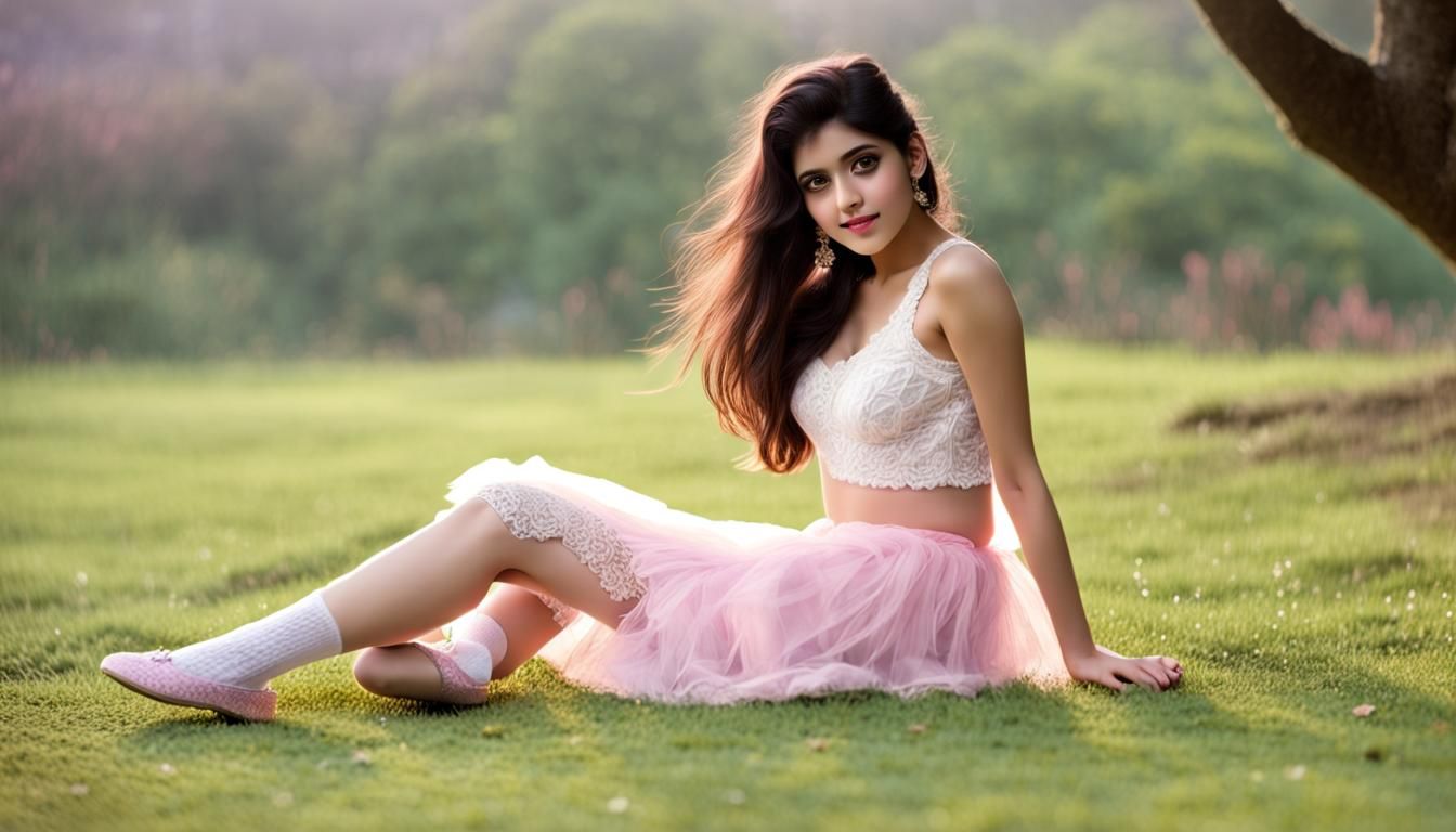 Pakistani Girl in Pink Sitting on Grass, Hyperrealistic