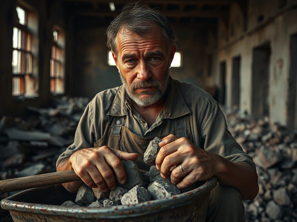 Gritty Documentary-Style Portrait of Weary Miner Amidst Ruin...