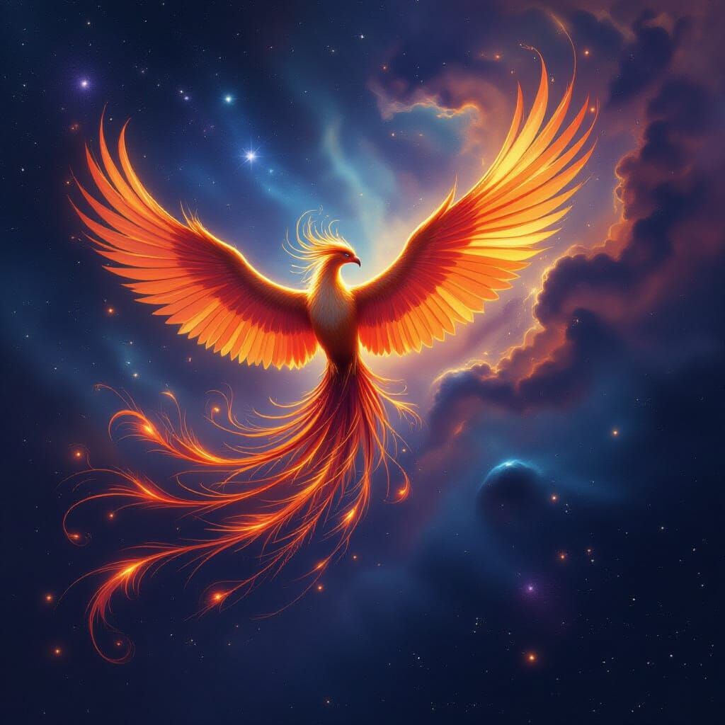 Phoenix Soaring Through Cosmic Nebula in Fantasy Art Style