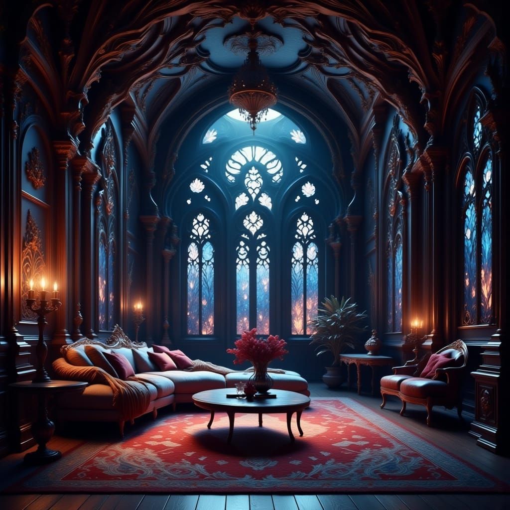 Gothic Living Room in Dark, Mystical Surrealism Style