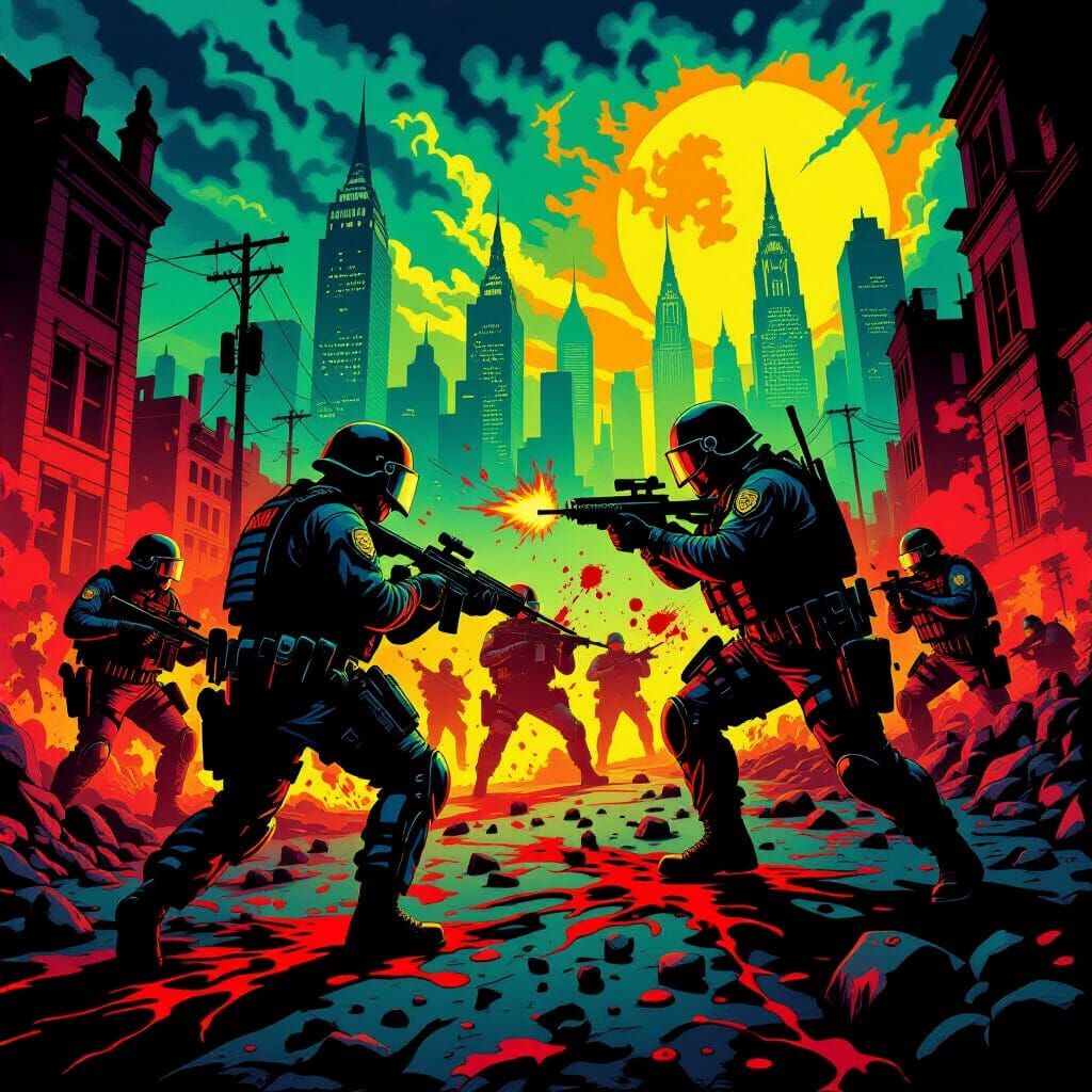 Riot Police Battle Demons in Hellish City, Ed Repka Style