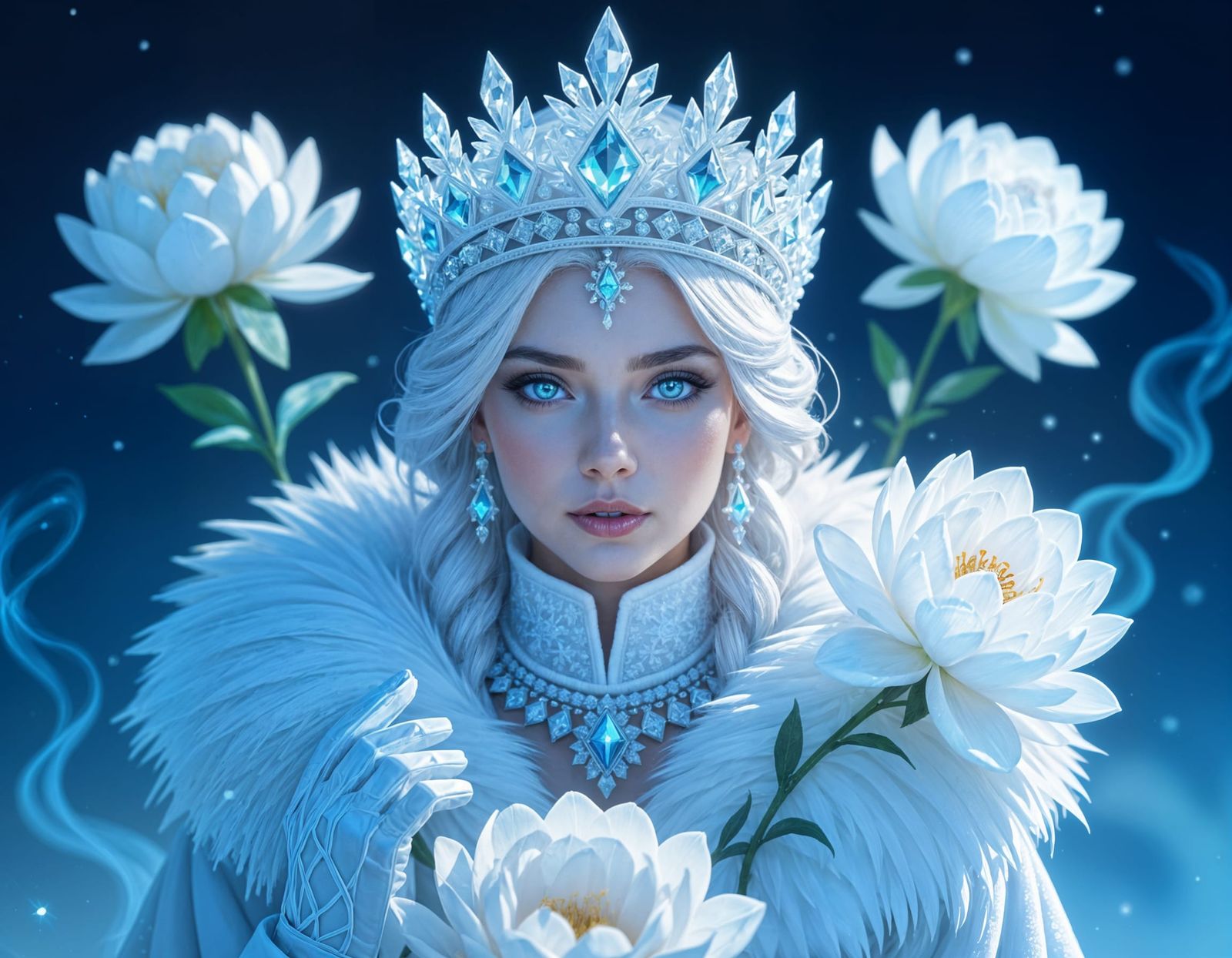 Snow Maiden with Crystal Crown in Dramatic Backlight