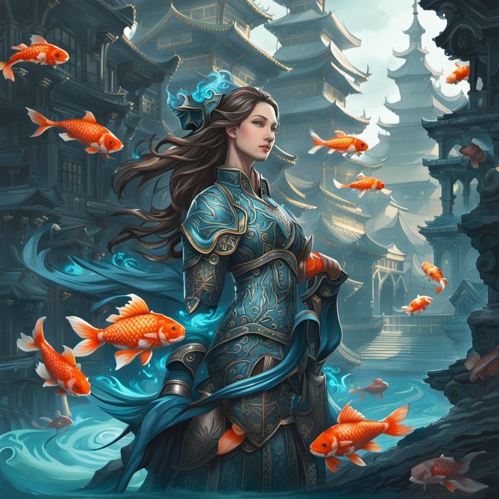 Koi Fish Mage Knight in City, Digital Art