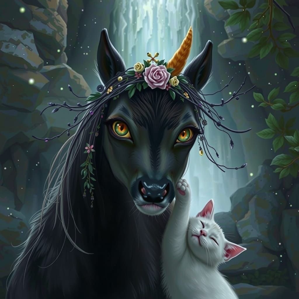 Deer and Cat by Moonlit Waterfall in Whimsical Style