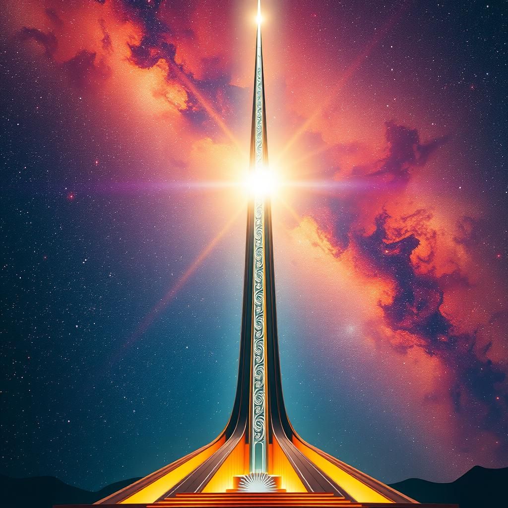 Art Deco Spire Emitting Light Beam into Cosmos