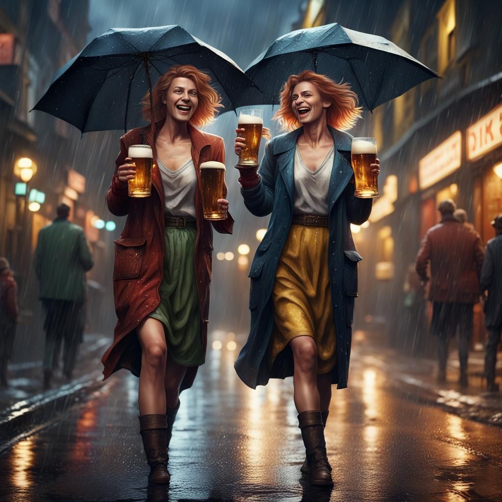Happy Women in City at Night: Detailed Matte Painting