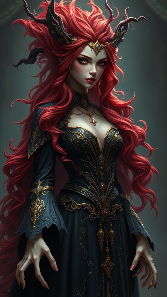 Ethereal Scarlet Witch in Regal Attire with Golden Accents a...