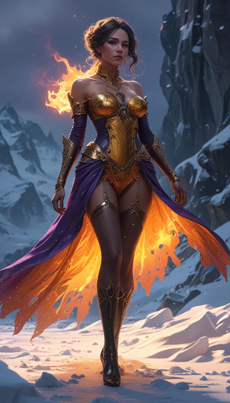 Dark Fantasy Woman in Fire Dress on Ice