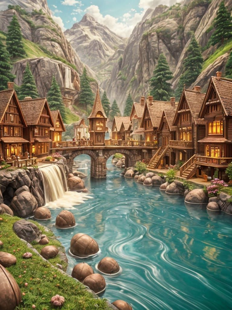 Chocolate Fantasy Village by a Winding River
