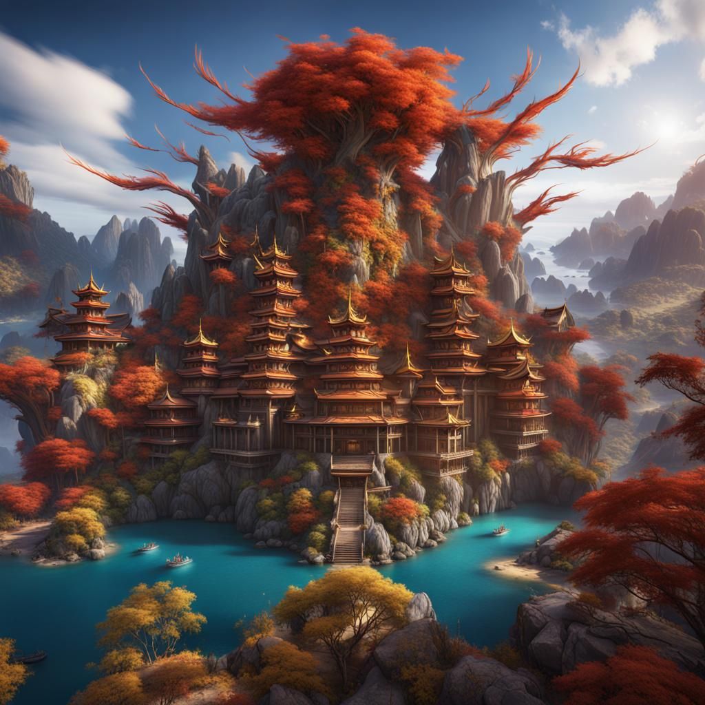 Enchanted Phoenix Island of Shangri-La: Fantasy Concept Art