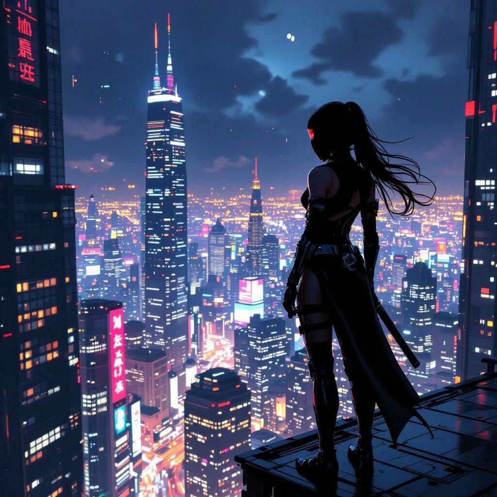 Ninja Girl Glimpses Cyberpunk City at Night