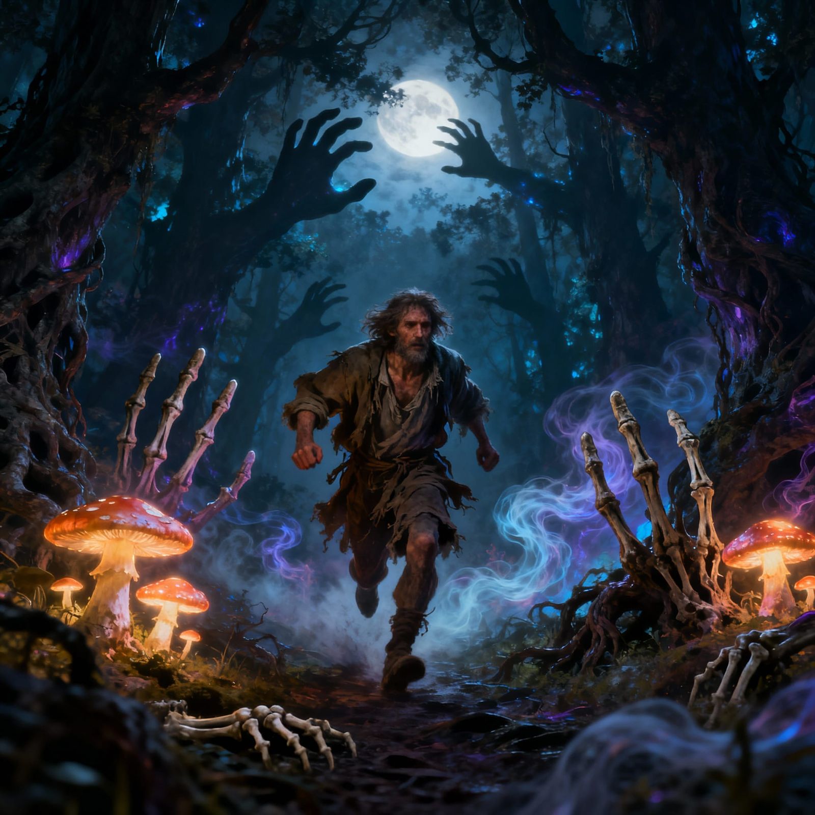 Homeless Man Flees Through Enchanted Forest at Night