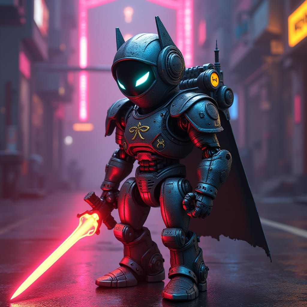 Glowing Robot Warrior in Neon Cityscape