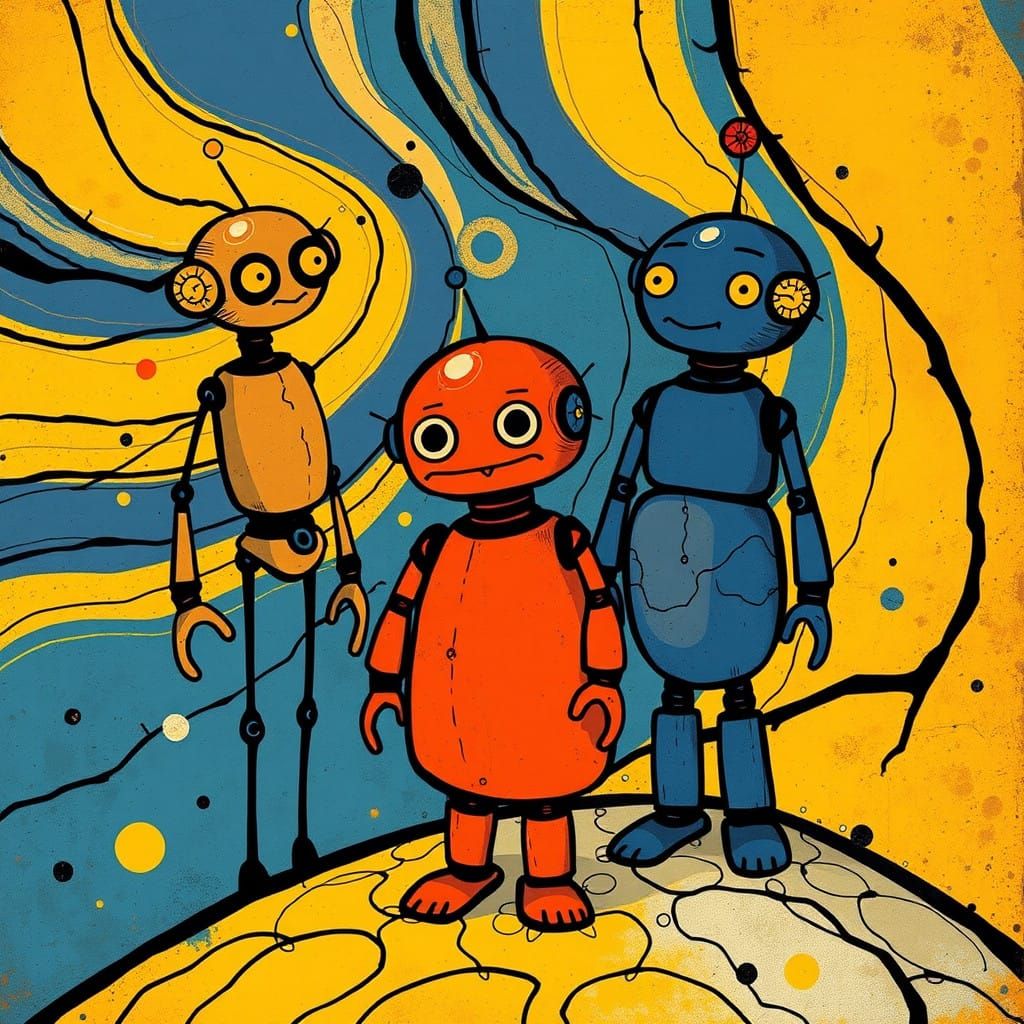 Surreal Robots in Whimsical, Abstract Dreamscape