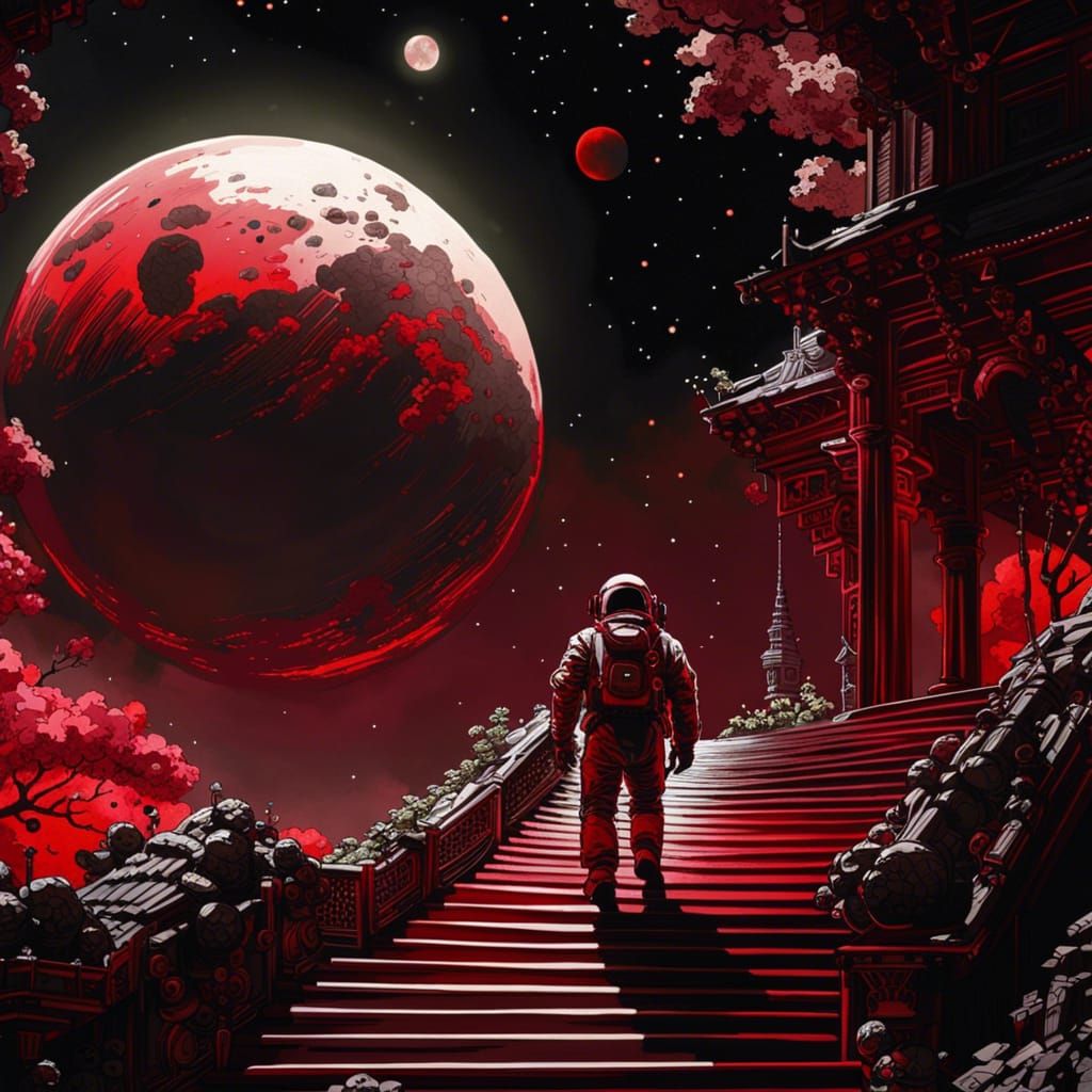 Astronaut Ascends to Dark Red Moon
