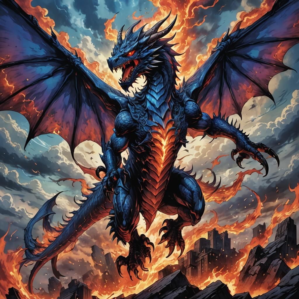 Demonic Wyvern Amidst Fiery Clouds in Anime Style
