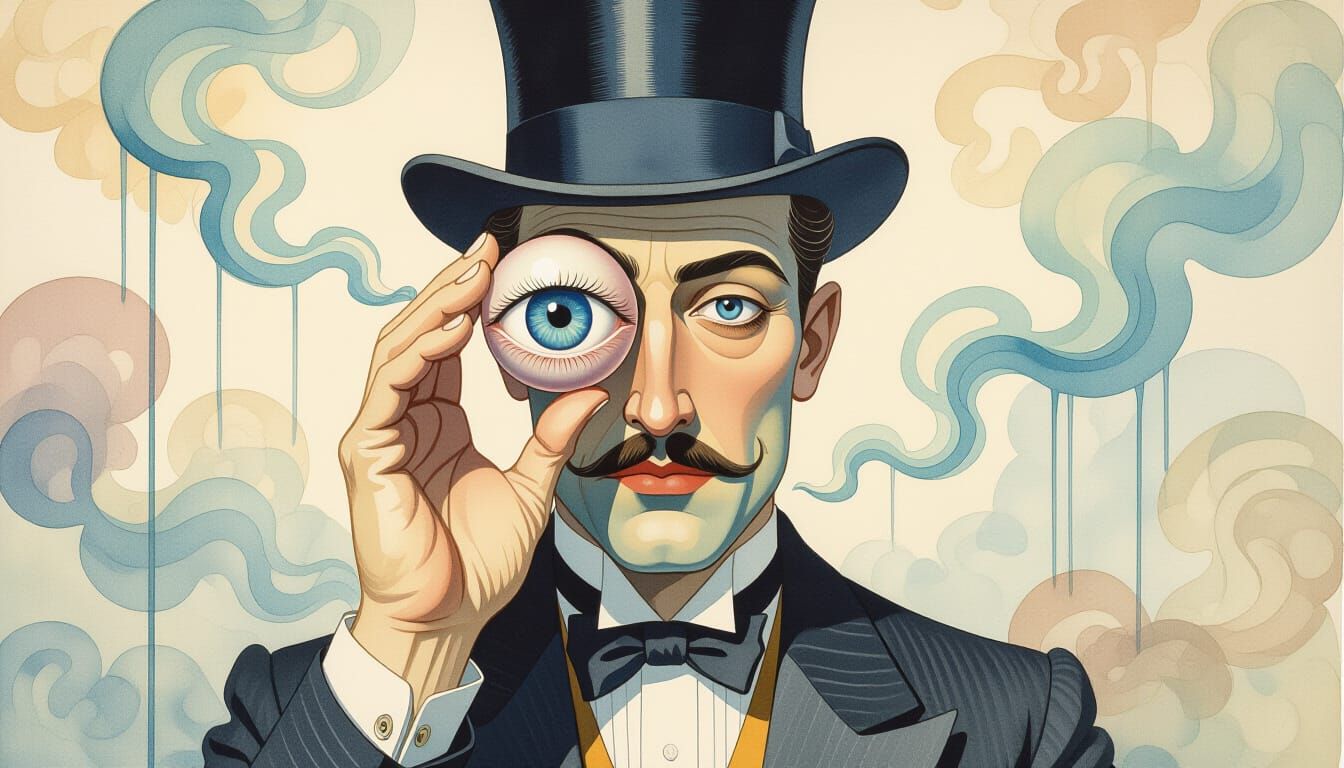 Surrealist Man Holds His Own Eye: Watercolor