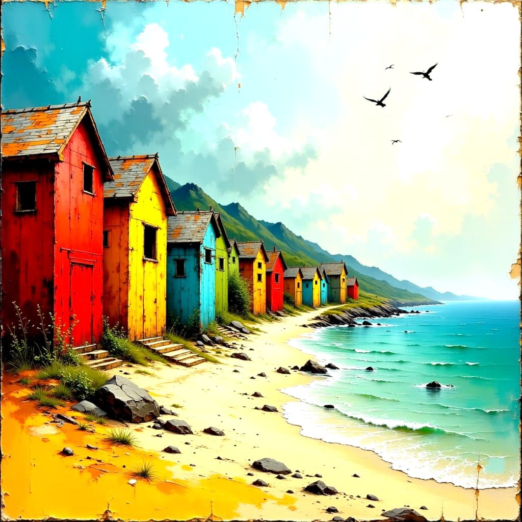 Colorful Seaside Huts in Thick Impasto Oil