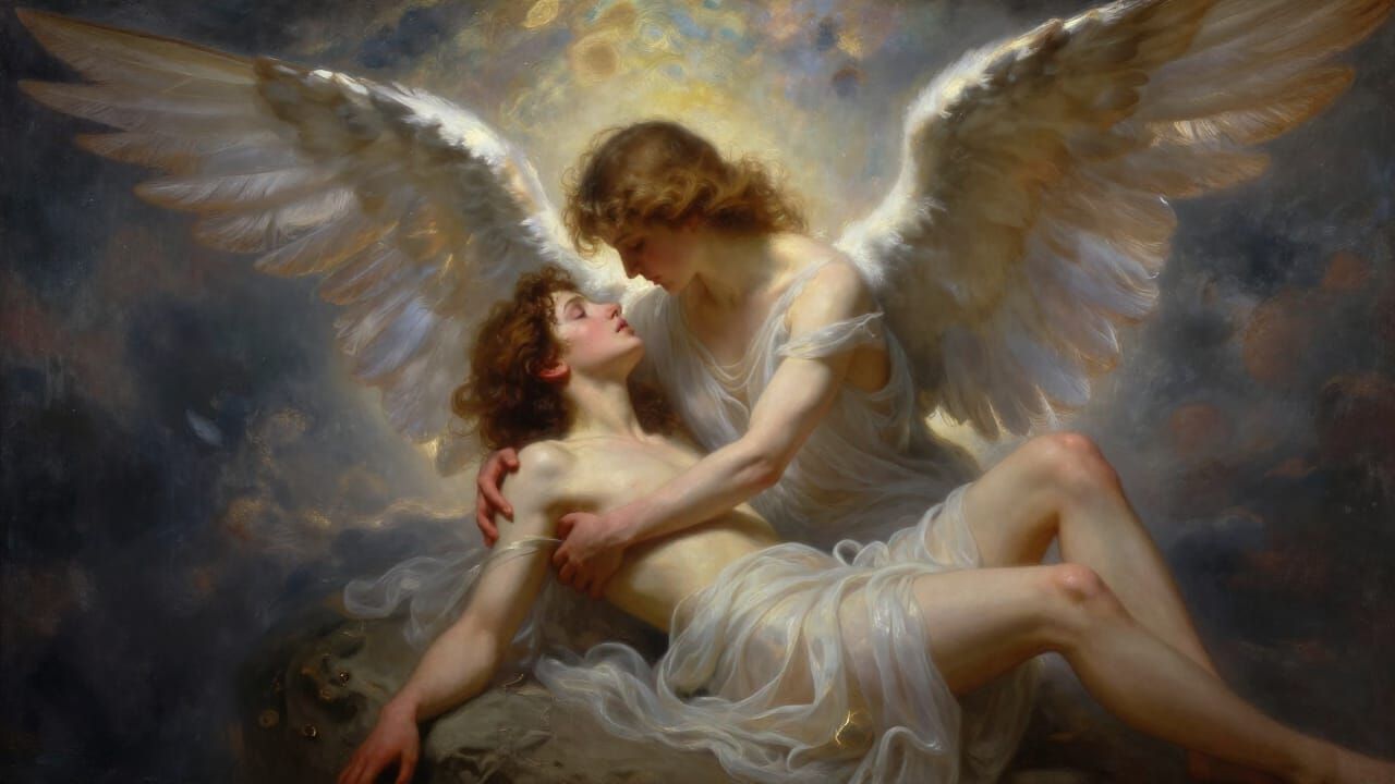 Angel Embracing Mortal in Celestial Oil Painting