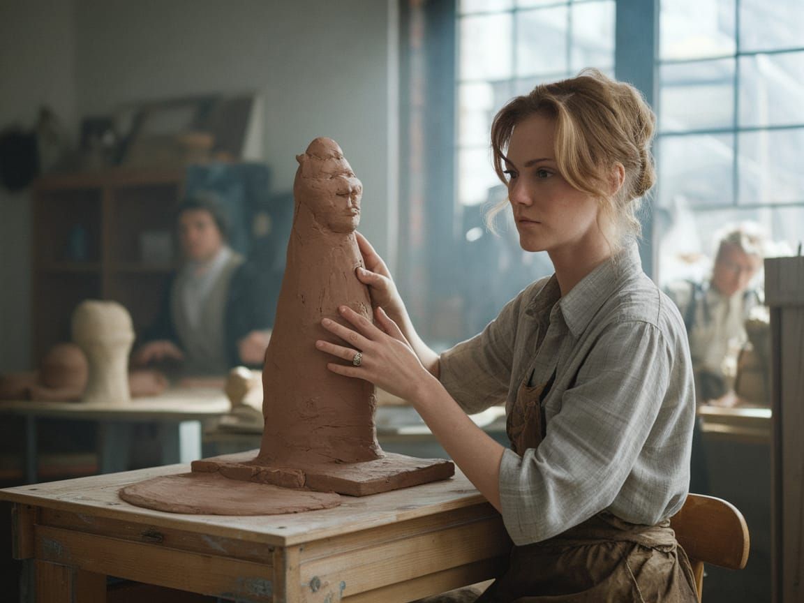 Woman Sculpting Clay in Studio: Cinematic Film Still