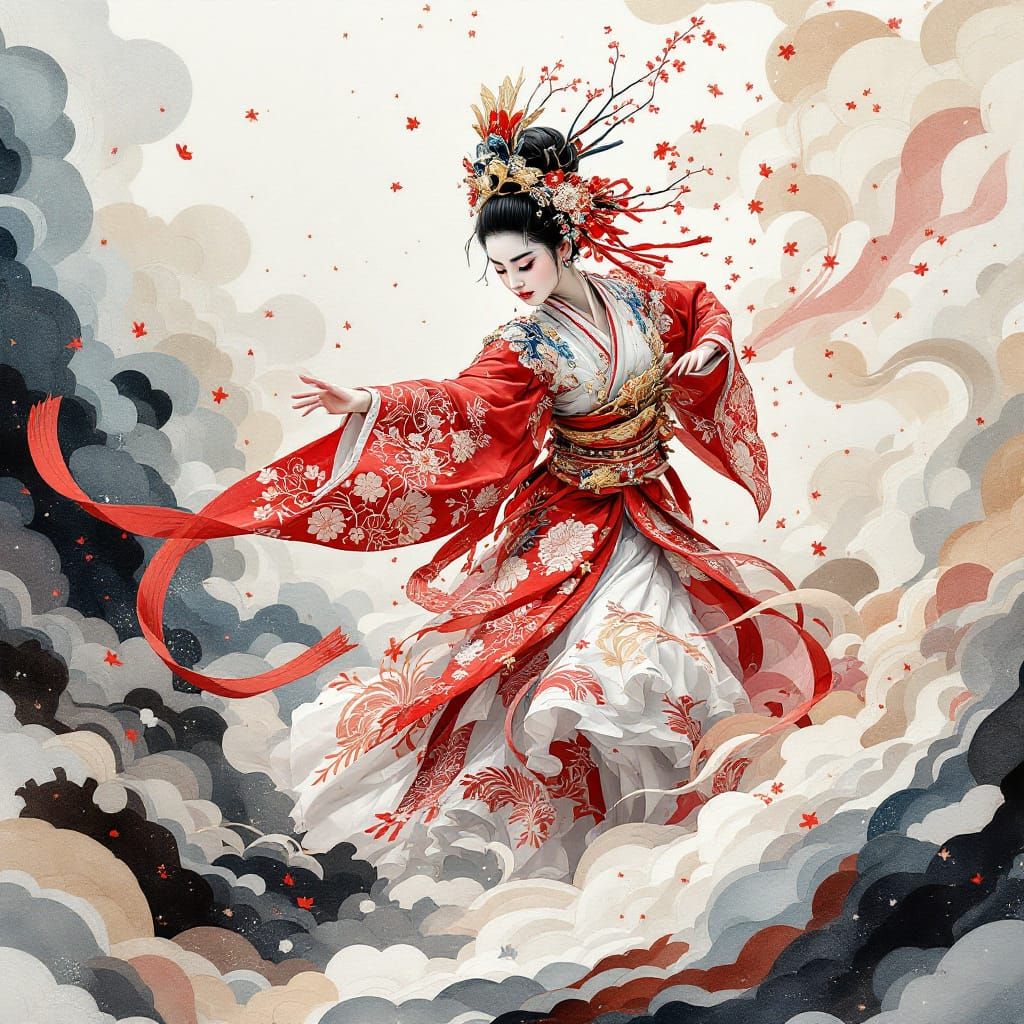 Shrine Maiden Performing Miko-Kagura Dance in Watercolor