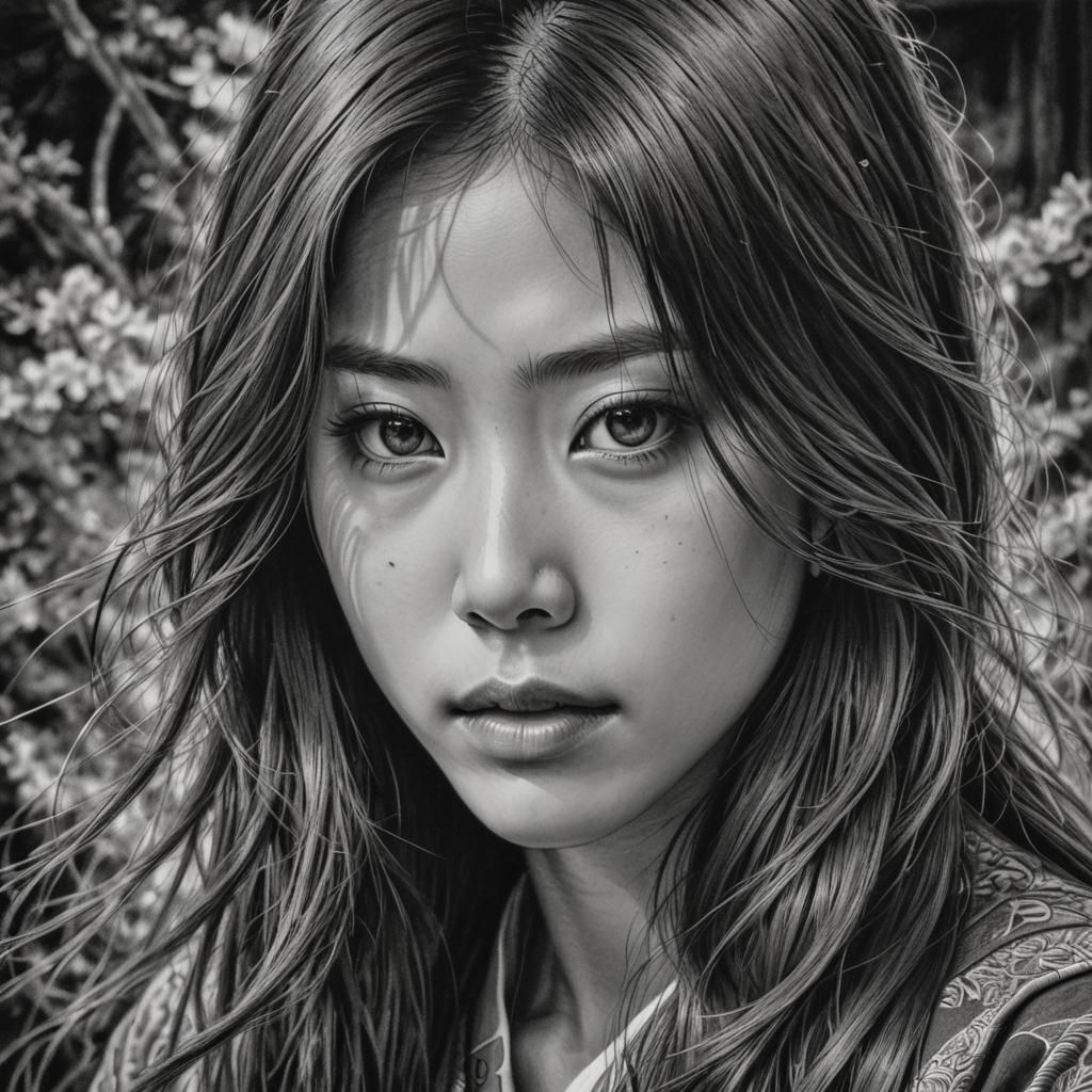 Detailed Pencil Drawing of a Japanese Woman