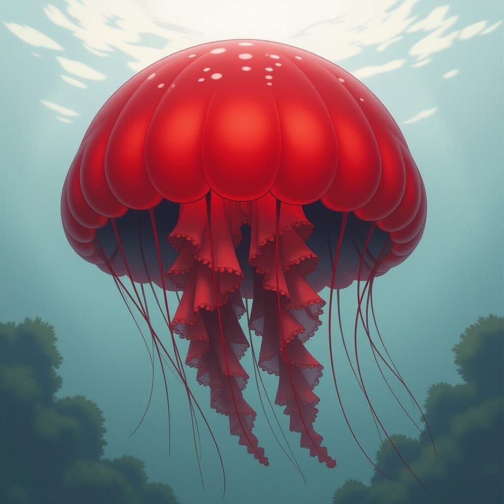 Crimson Jellyfish with Delicate Wings in Deep Shadows